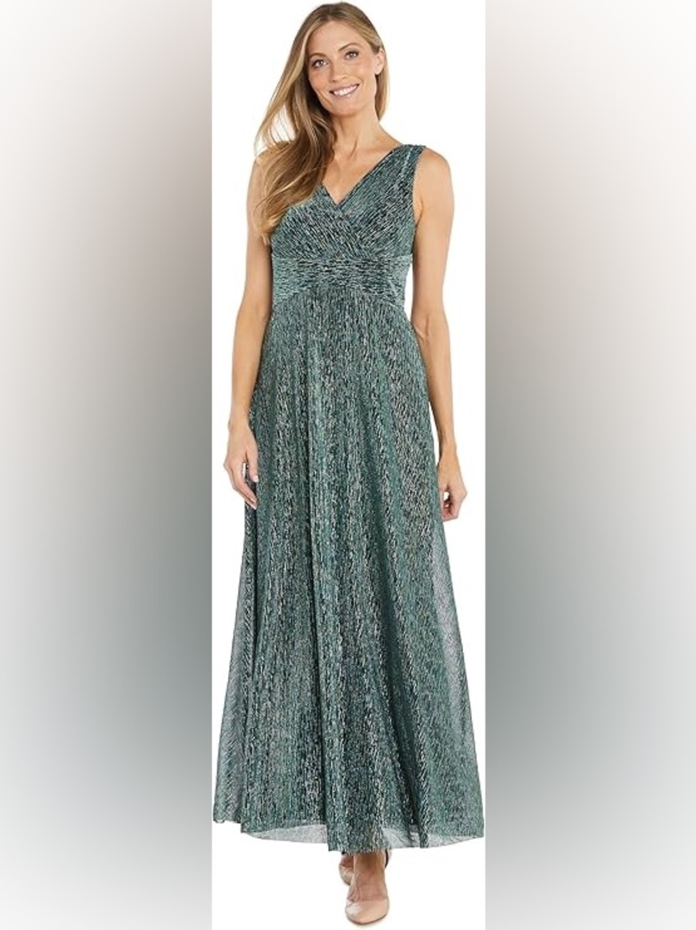 R&M Richards Teal Metallic V-Neck Sleeveless Evening Gown